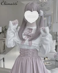 Japanese Mine Lolita Sweaters Sweet Lace Bow Hollow Out Shoulder Long Sleeve Soft Knitted Sweater and Skirt Spring Lolita Sets