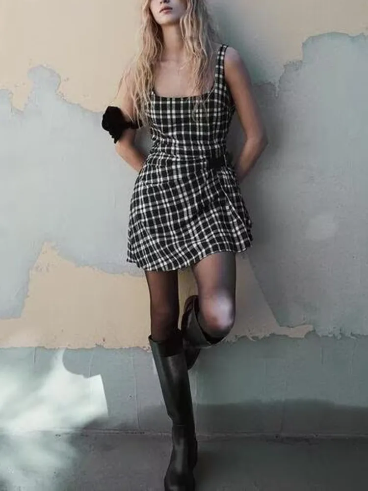 Lente nieuwe collectie dames asymmetrische geruite taille-kalkende afslankende Svel vierkante kraag ort Dr faionable casual