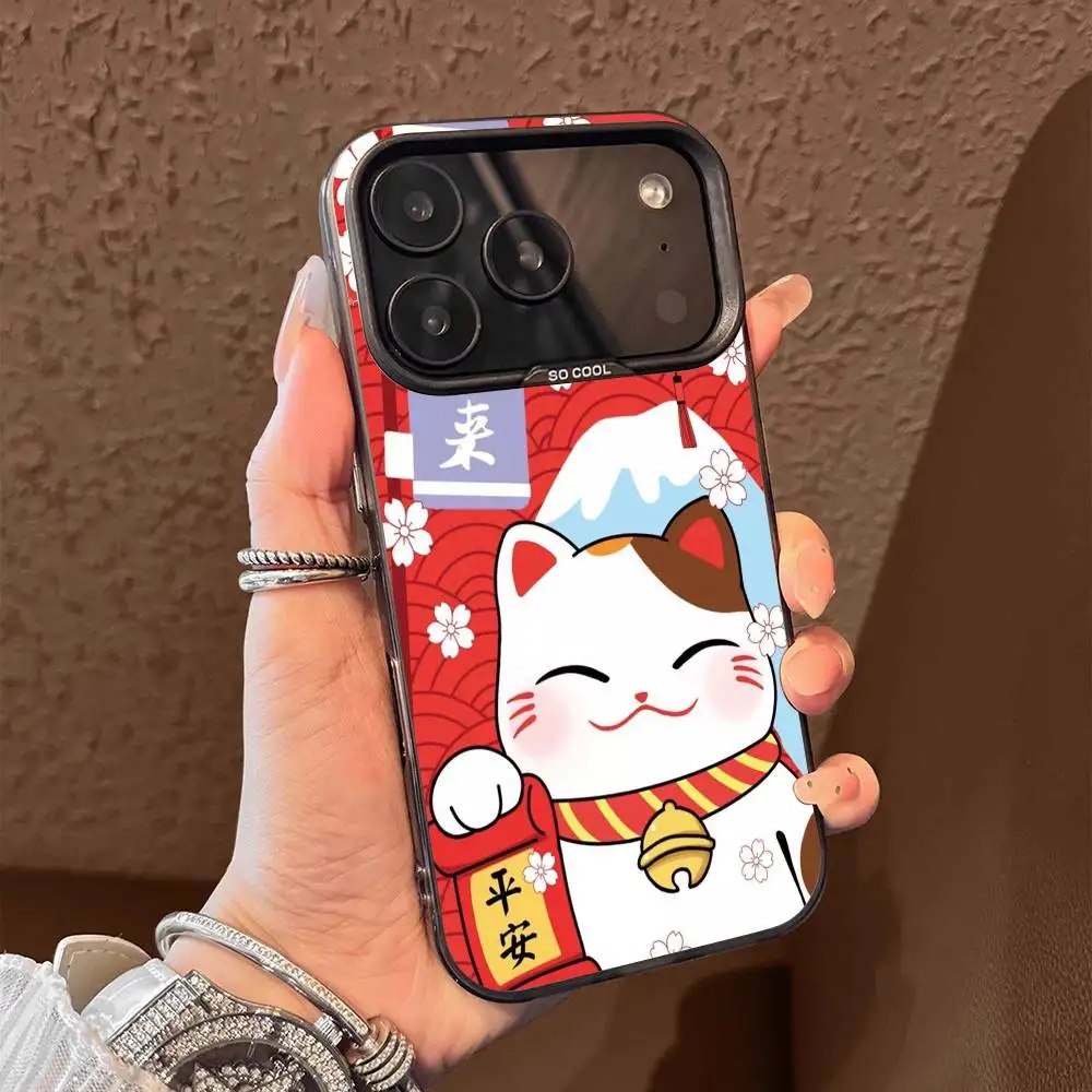เคสโทรศัพท์ลายแมวกวักนำโชค สำหรับ iPhone 17,16,15,14,13,12,11,Pro,Max,Plus,E,Air,Mini สีดำ วัสดุ TPU