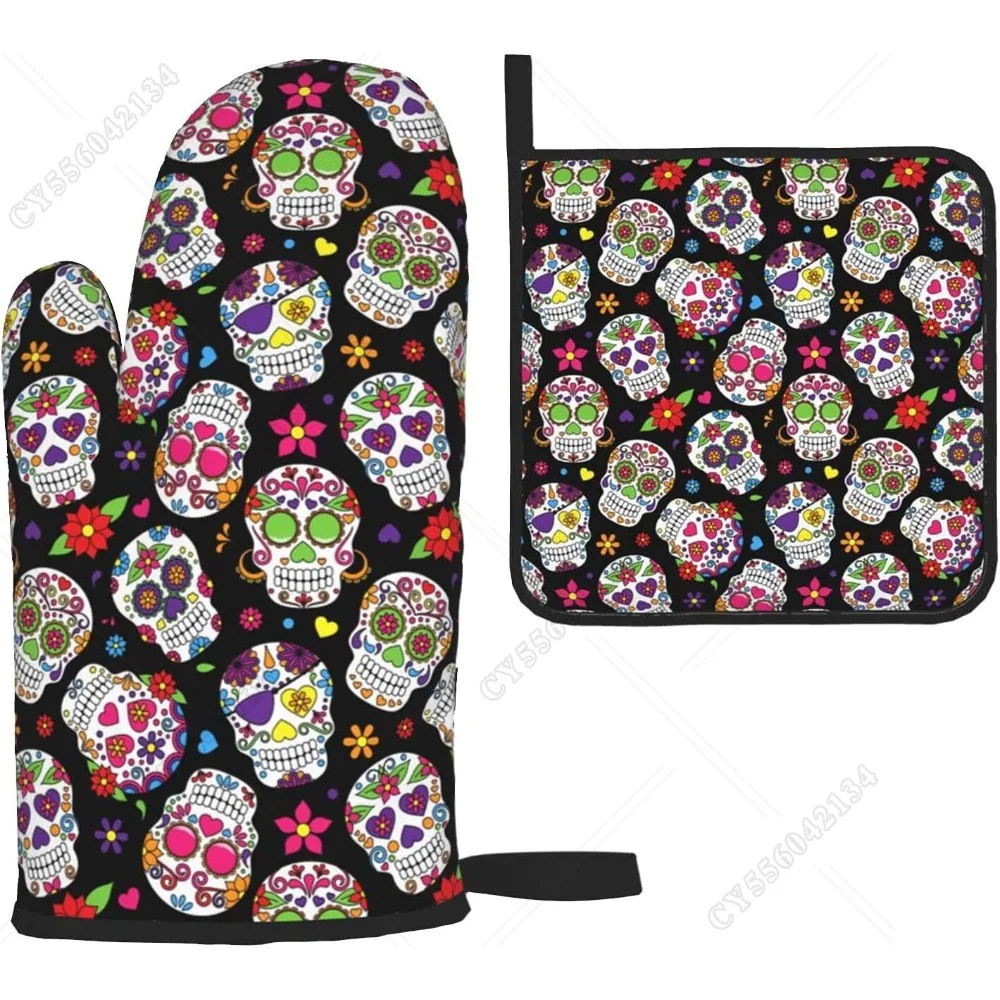 

Day Of The Dead Sugar Skull Oven Mitts And Pot Holders Sets,Halloween Heat Resistant Non Slip Kitchen Gloves Hot Pads