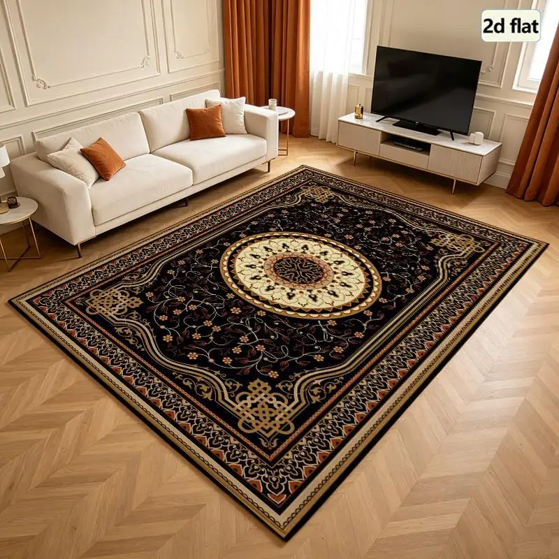 Black Base Antique Floral Medallion Carpet Flooring, Classic Oriental Square Area Rug for Interior