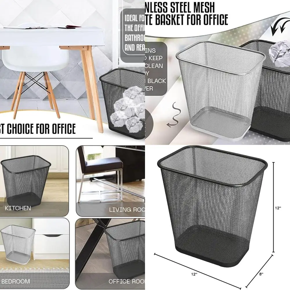 

Rectangular Steel Mesh Waste Bin, 8x12x12 Inches, Open Top, Black for Home & Office Use