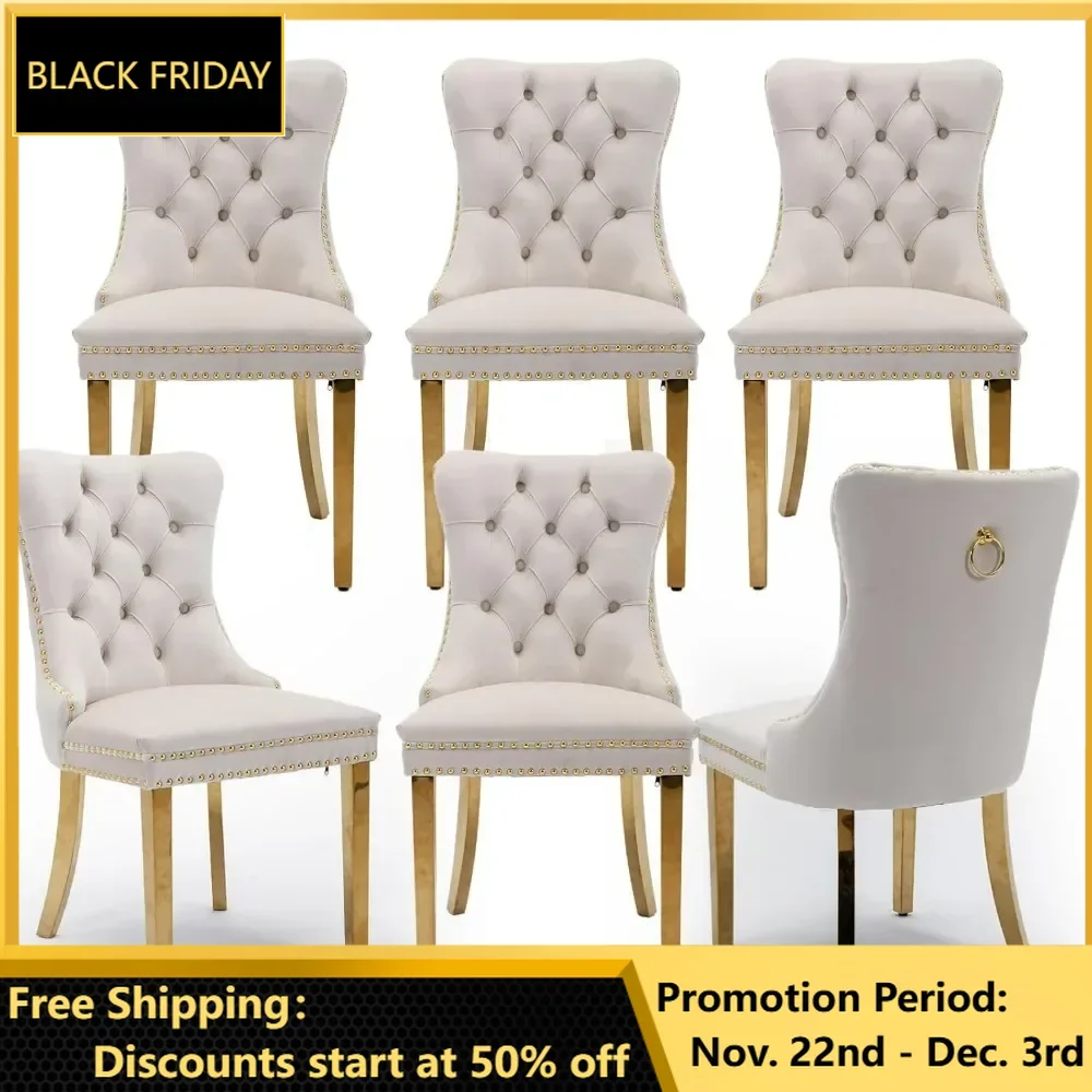 Velvet Upholstered Dining Chairs Set of 6, Nailhead Trim and Gold Plated Leg, Metal Pulling Ring, Modern Style Kitchen Chairs