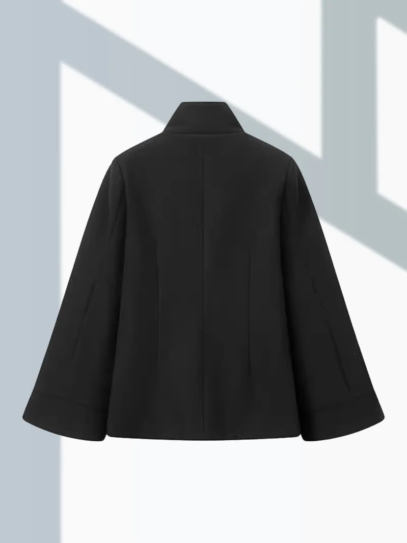 Black Short Jackets Coats Women Long Flared Sleeves High Neck England Style Coats Female Double Breasted Spring Autumn Outerwear