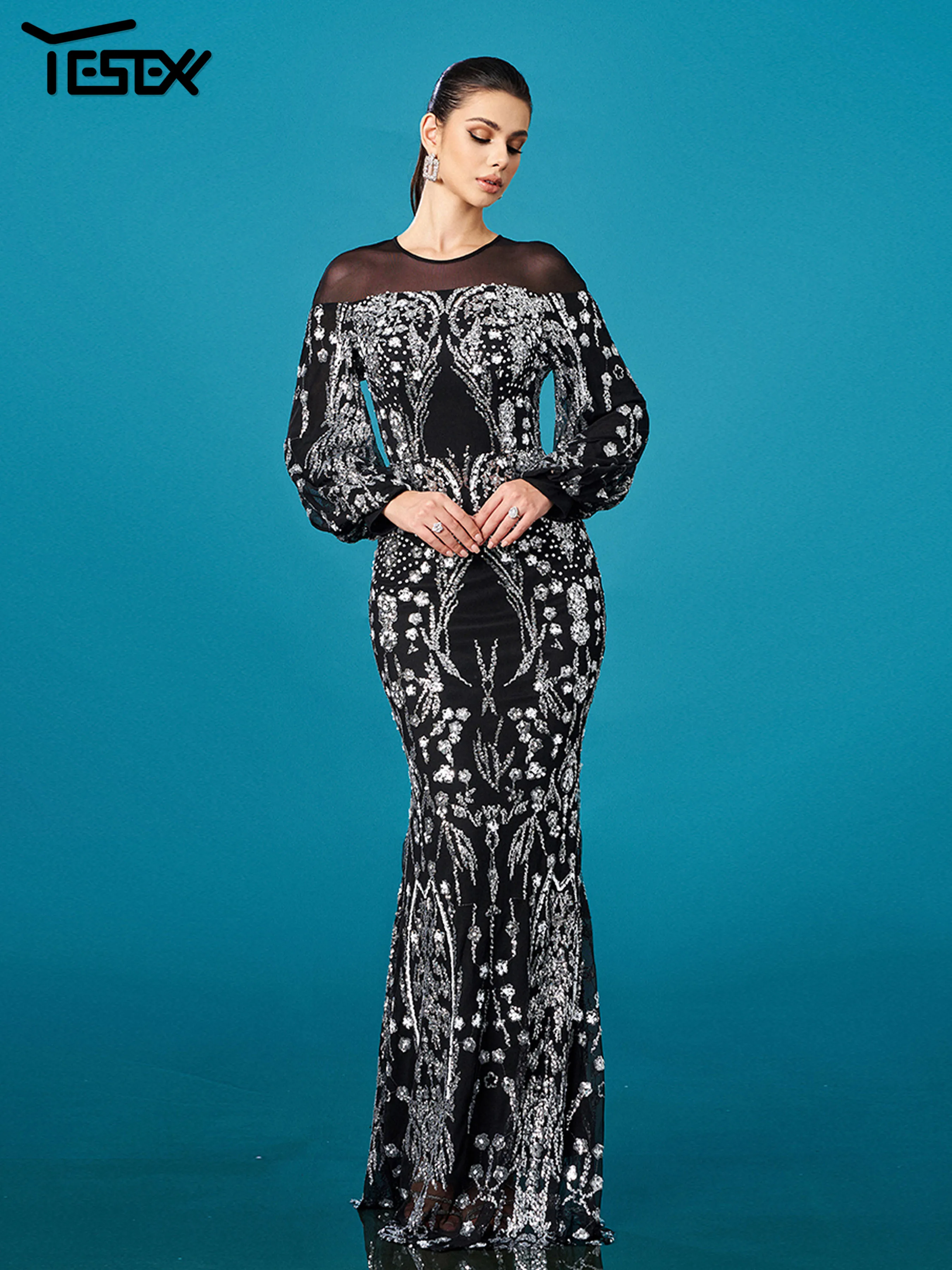 Yesexy New Round Neck Long Sleeved Sequin Mermaid Evening Gown Wedding Birthday Party Formal Occasion High Quality Luxury Dress