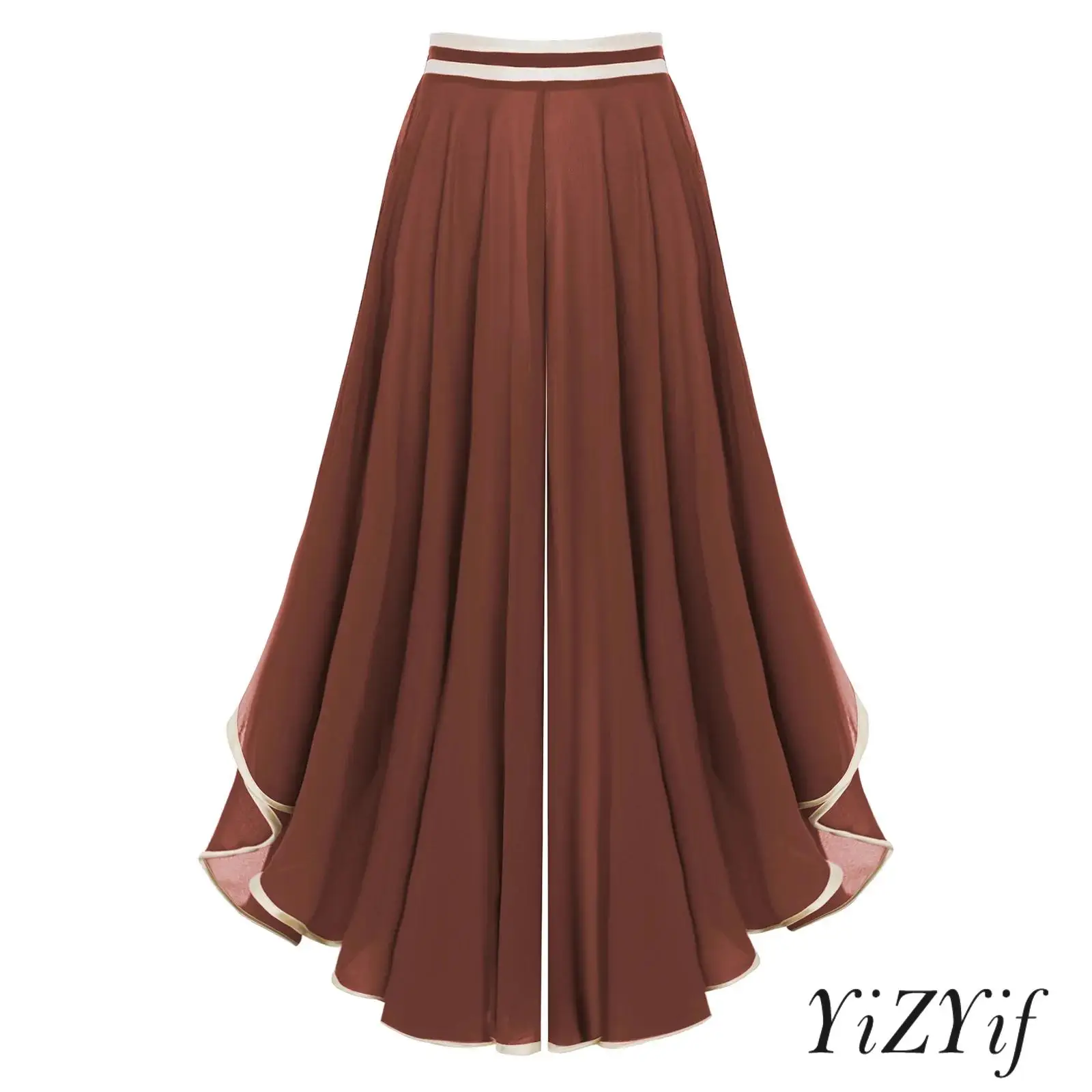 Women Flowy Chiffon Culottes Color Blocking Edges Irregular Wide-leg Elastic Waistband High Waist Unlined Loose Palazzo Pants