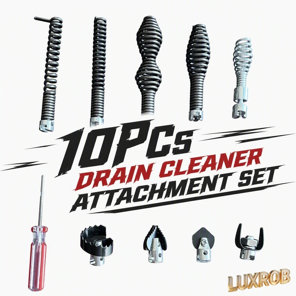 10Pcs Drain Auger Cutter Kit 16mm Interface Rustproof Drain Snake Drill Attachment for Grease Hair Roots Pipe Clog Unclogging