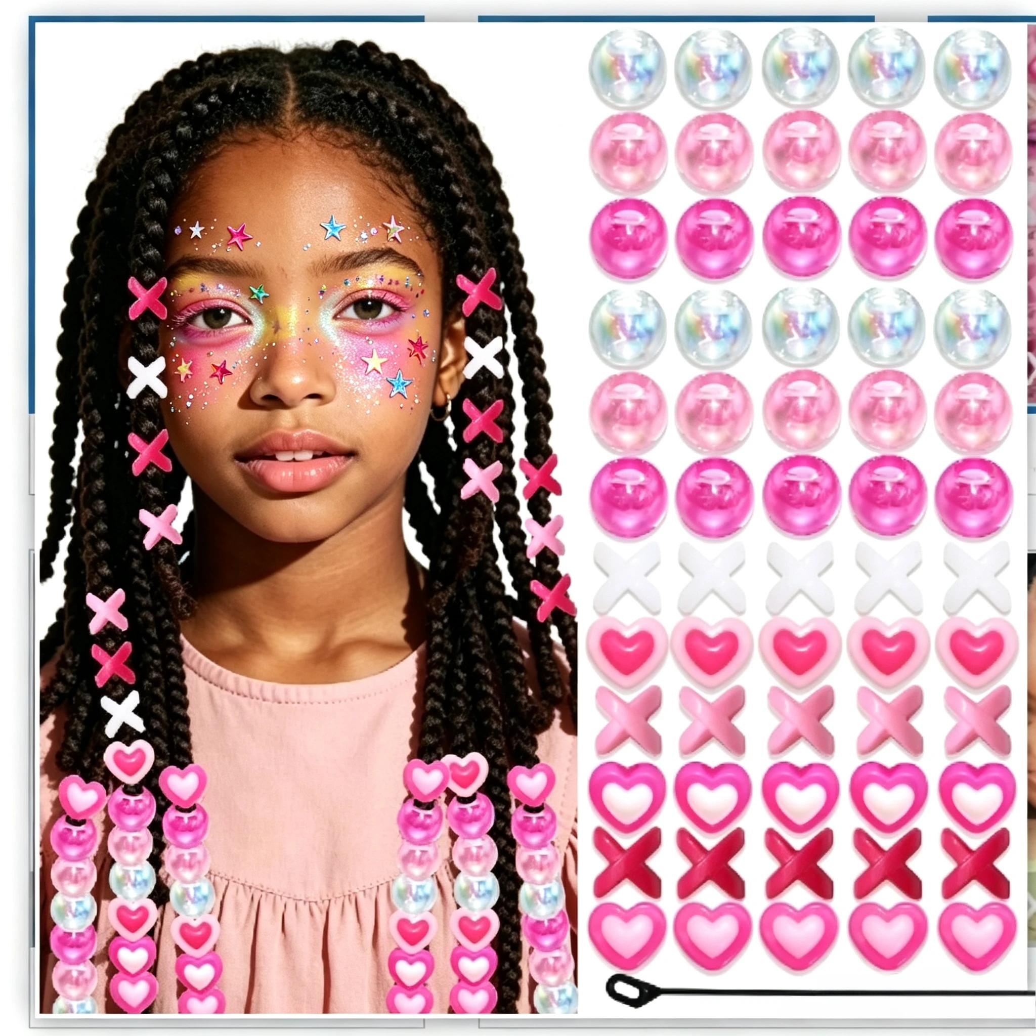 60PCS Heart & X & Iridescent Hair Beads Kit for Braids, Acrylic Pony Beads with Beader Tool for Kids Box Braids, Dreadlock Decor