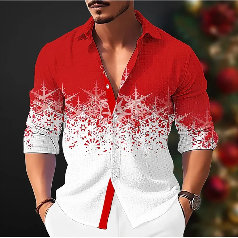 Snowflake 3D Printed Casual Men\'s Shirt Christmas Autumn and Winter Long Sleeve Lapel Ruby Top XS-6XL Stretch Fabric Shirt