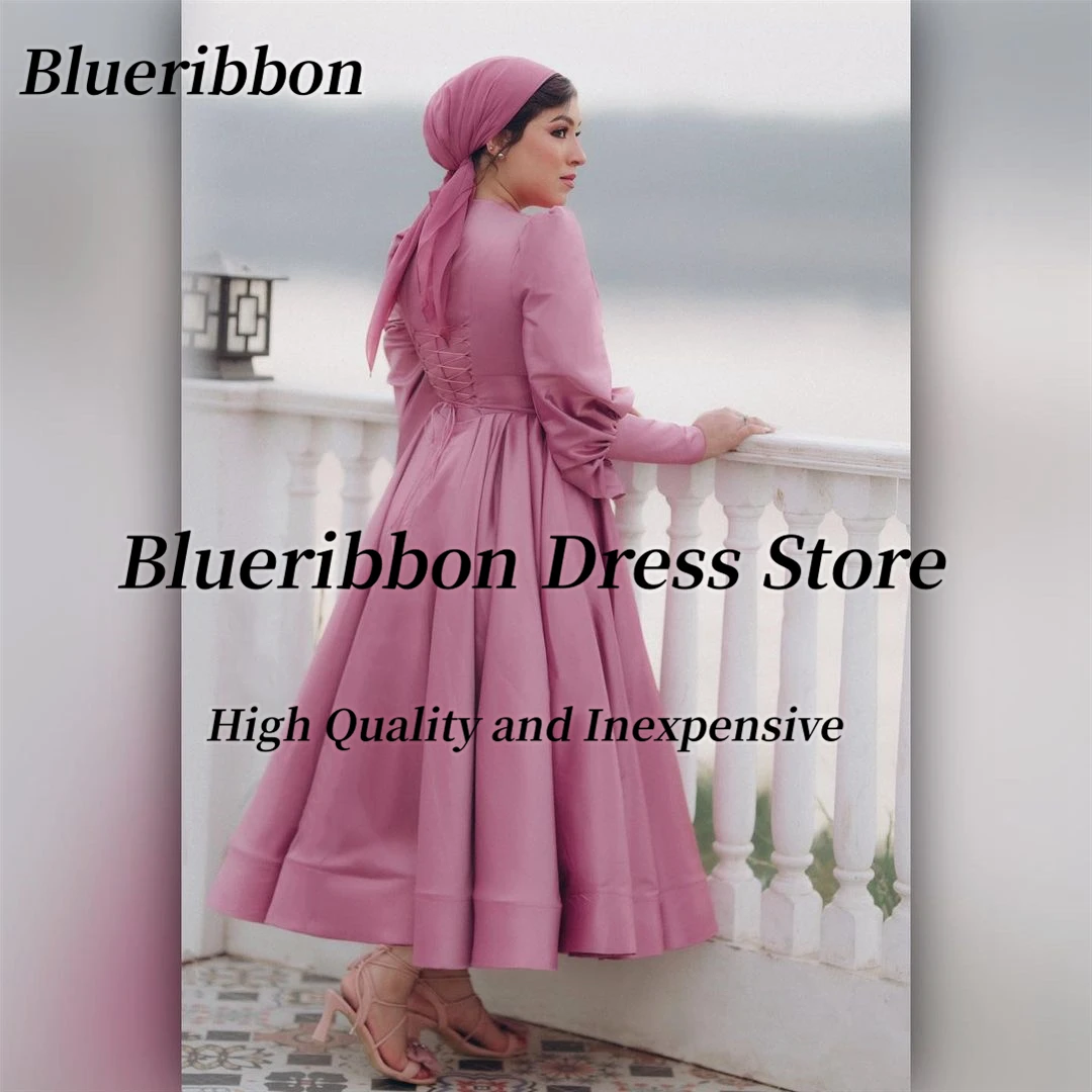 Blueribbon Arabia Women Prom Dresses Long Sleeves فستان سهرة نسائي Buttons Ruched Ankle Length Evening Party Wedding Receptions