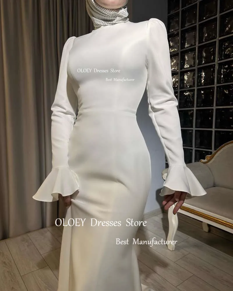 OLOEY 겸손한 이슬람 두바이 아랍 여성 이브닝 드레스 흰색 긴 소매 높은 목 공식 파티 댄스 파티 드레스 vestidos de fiesta