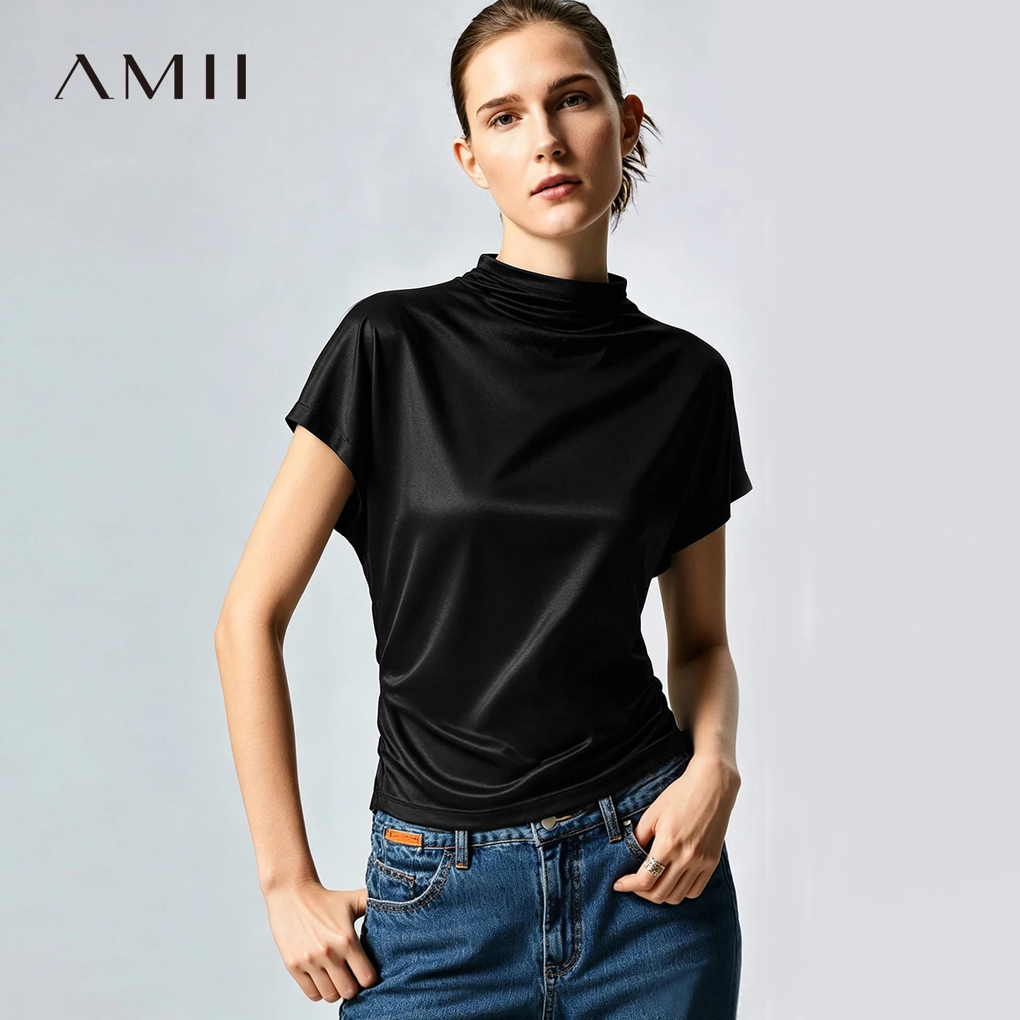 Amii Women's T-shirt 2026 Summer New Mock Cowl Neck Dolman Sleeve Shirred Tops Woman Elegant Acetate Office Casual Tees 12622221