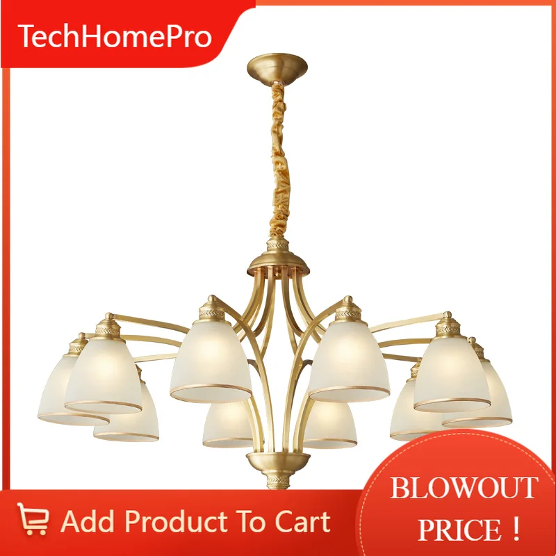 TechHPAmerican Style Living Room Copper Chandelier Dining Room Bedroom Simple Modern Retro Household Pendant Lighting Hanging La