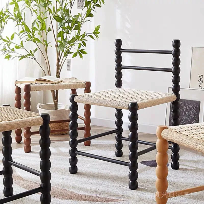 Celebrity Backrest Gourd Small Stool French Light Luxury Solid Wood Dining Chair Japanese Design Retro Rope Braided Chair
