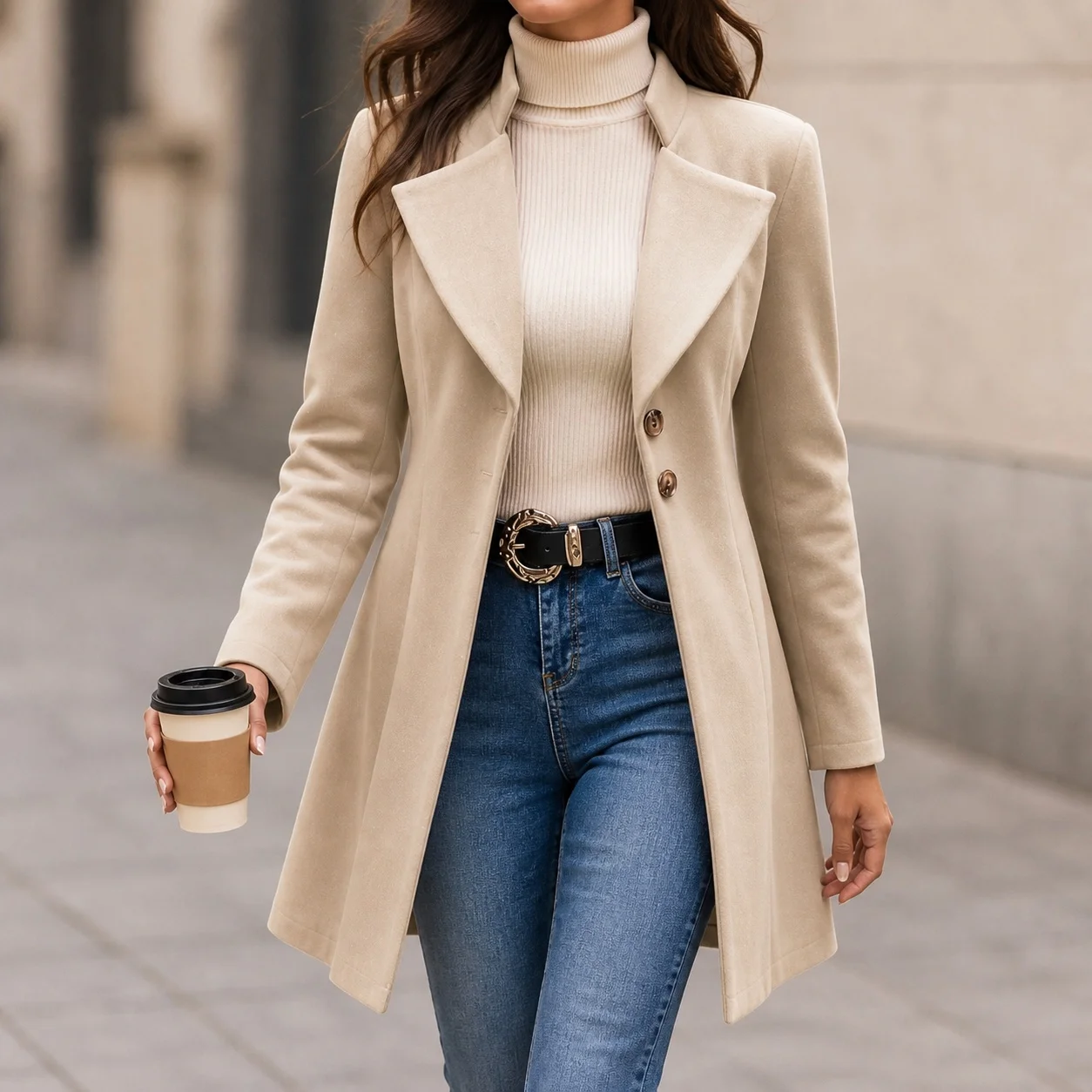 Women's Winter Female Jacket Coat Medium Weight V Neck Long Sleeve Three Button Solid Color Waist Cinched Knee Length Outerwear
