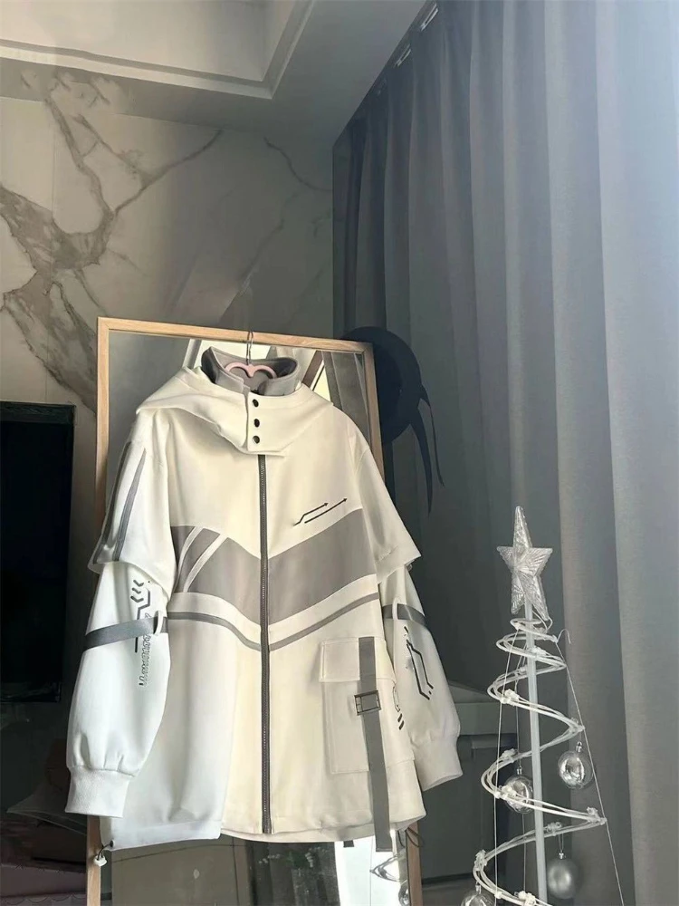 Japanese Y2k White All-match Coat Women 2025 Spring Autumn New Tops Mujer Mid-length Loose Long Sleeve Zipper Jackets