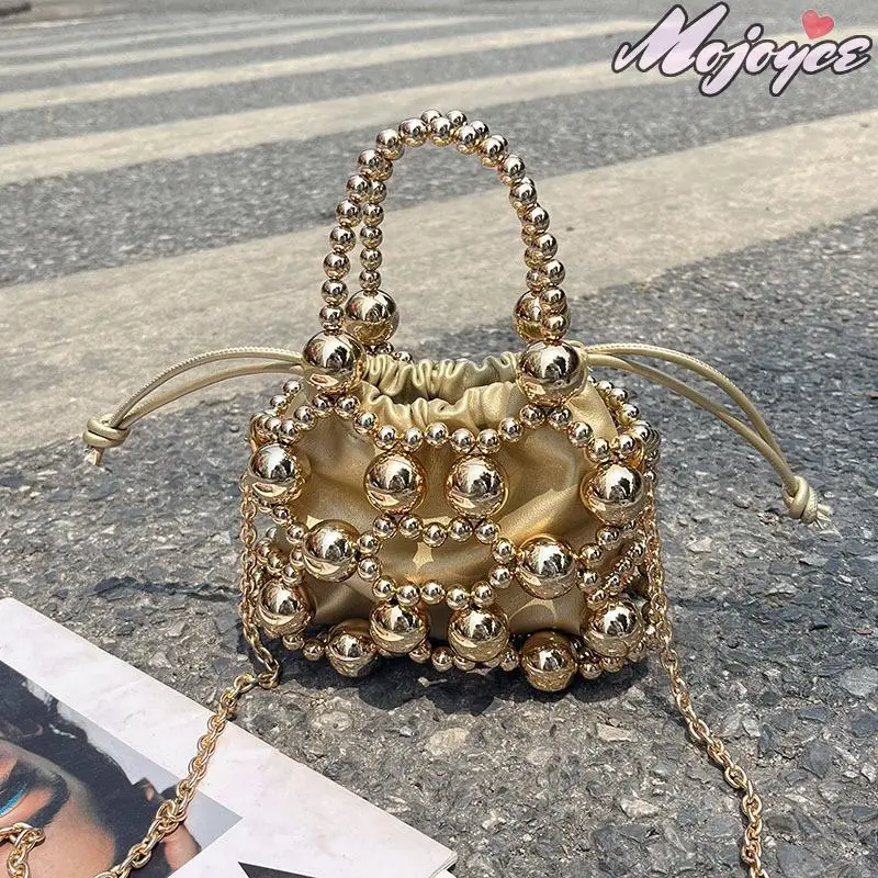

Metal Hollow Beaded Evening Handbag Elegant Mini Shoulder Bag Trendy Crossbody Bags Women Wedding Prom Bucket Party Clutch Purse