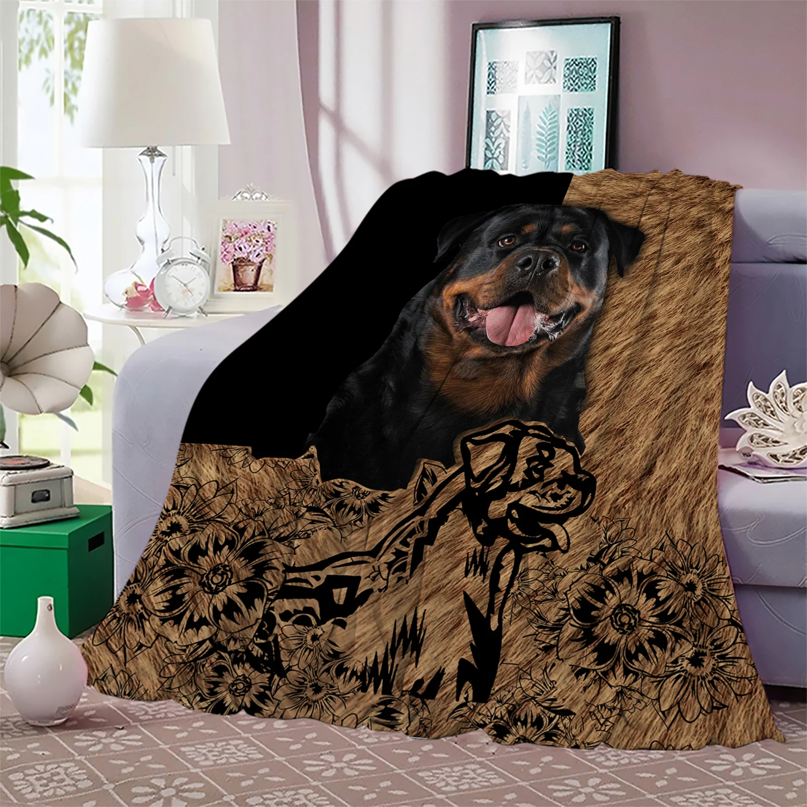 Rottweiler Flannel Blankets Animal Dog Hair Flowers 3D Printed Plush Blanket for Sofa Nap Travel Portable Dropshipping