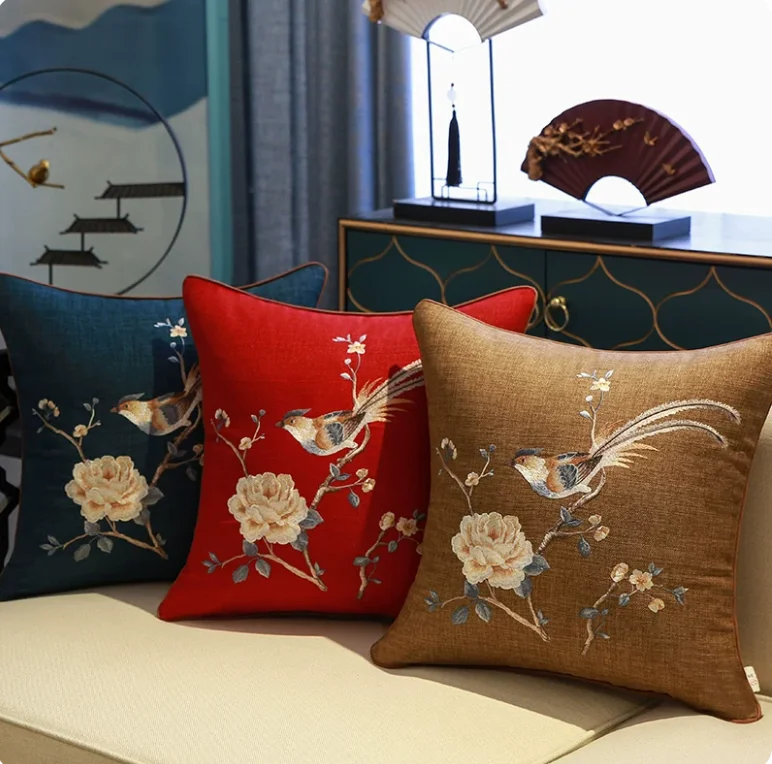 Chinese Style Embroidery Throw Pillow Cover Yellow Linen Cushion Cover with Peony & Bird Pattern for Sofa Home Decor