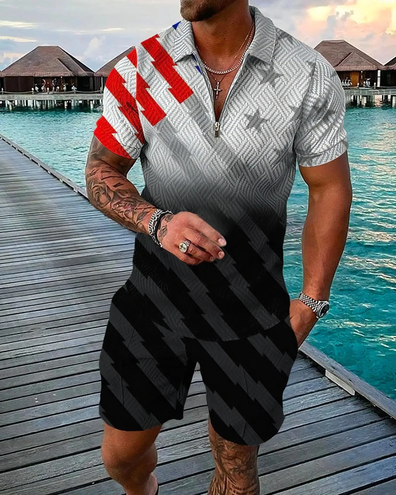 

Hawaiian-style Polo T-shirt And Shorts set, Beachfront Holiday men's Fashionable sportswear, short-sleeved Pants For Men