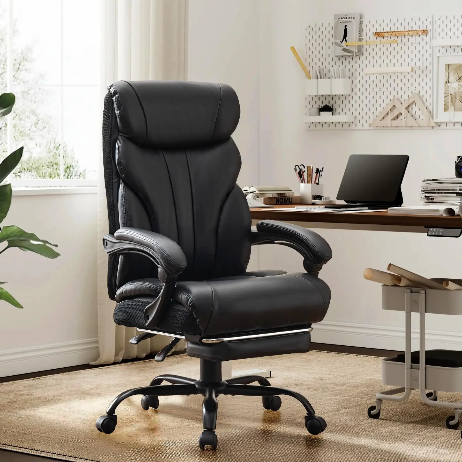 Heavy Duty Executive Office Chair with Footrest, High Back Ergonomic PU Leather Computer Desk Chair, 500 lbs Capacity Reclining Swivel Chair with Adjustable Height & Lumbar Support for Home Office