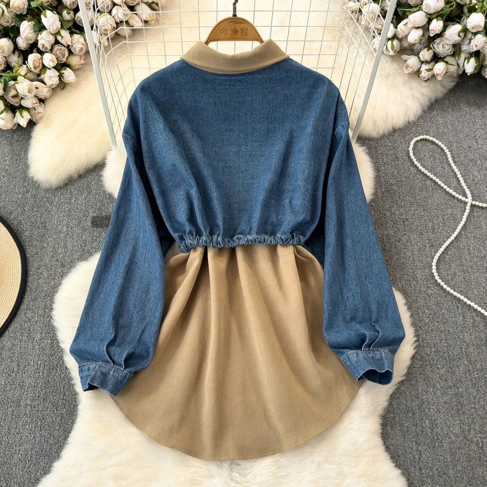 TWOTWINSTYLE Colorblock Spliced Denim Chic Blouse For Women Lapel Long Sleeve Patchwork Single Breasted Shirts Female KBL524897