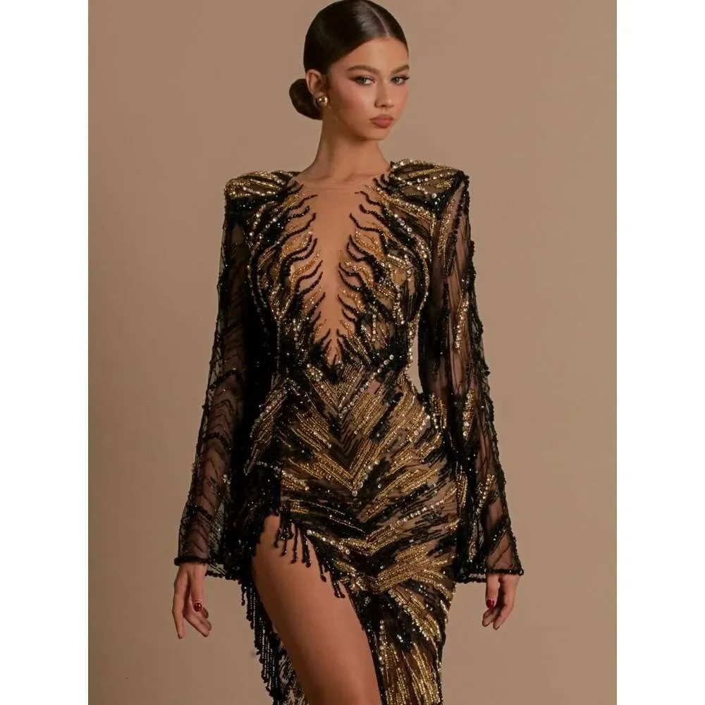High Slit Pearls Evening Dress 2025 Celebrity Tassel Sequins Tail Personalized Bright Party Long Sleeves Ball Gown Customized
