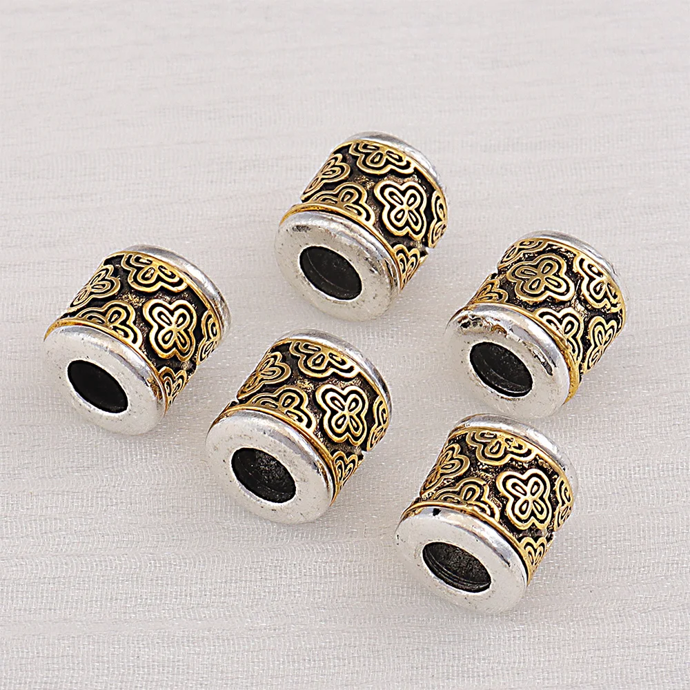 5Pcs 10x11MM Antique Design Golden Silver Plated Cast Metal Striped Tube Spacers Charms Beads For Diy Jewelry Making Accessories