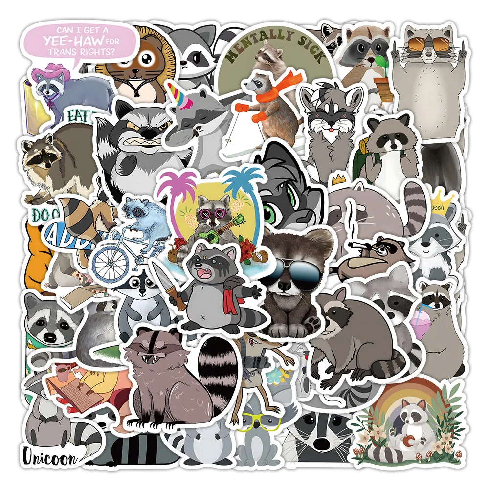 50/100Pcs Novelty Cute Kawaii Cartoon Animals Raccoon Stickers PVC Waterproof Stickers Decals For Kids Boys Girls Toys Gifts