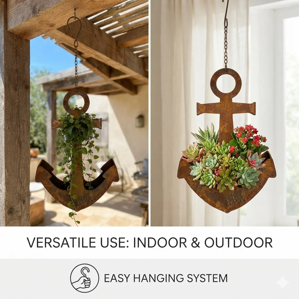 Metal Hanging Anchor Planter Flower, Pot Rustic Wall Basket Garden, Porch Patio Yard Iron Art, Plant Holder Nautical Home Decor