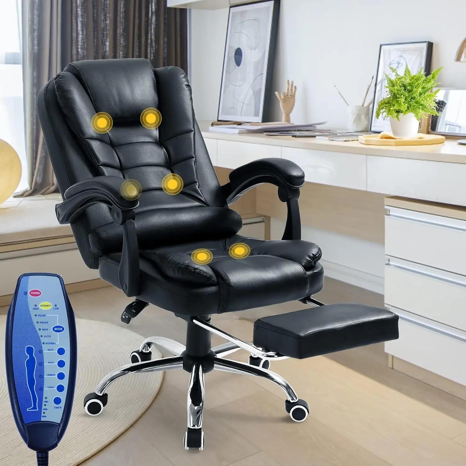 Reclining Office Chair W/Footrest, Vibration Massage Office Chair, High-Back Office Chair, Pu Leather Computer Desk Chair