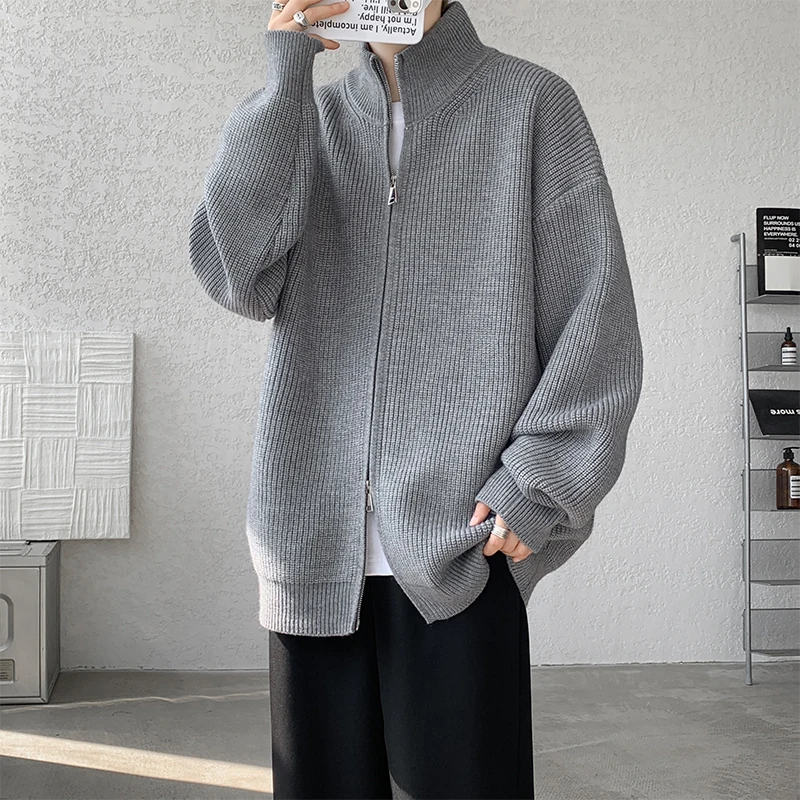 2025 Autumn Winter Commuting Style Gray Half-Zip Simple Sweater Men's Loose Stand Collar Black White Knitted Cardigan
