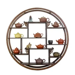 Round Solid Wood Decorative FrameModern New Chinese Style Wall Hanging Teapot Tea Storage RackEnhances Living Room Aesthetics