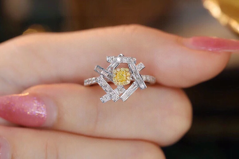 KUGG 100% 18K White Gold Rings Real Natural Yellow Diamond Engagement Ring for Women Fashion INS Style High Wedding Jewelry