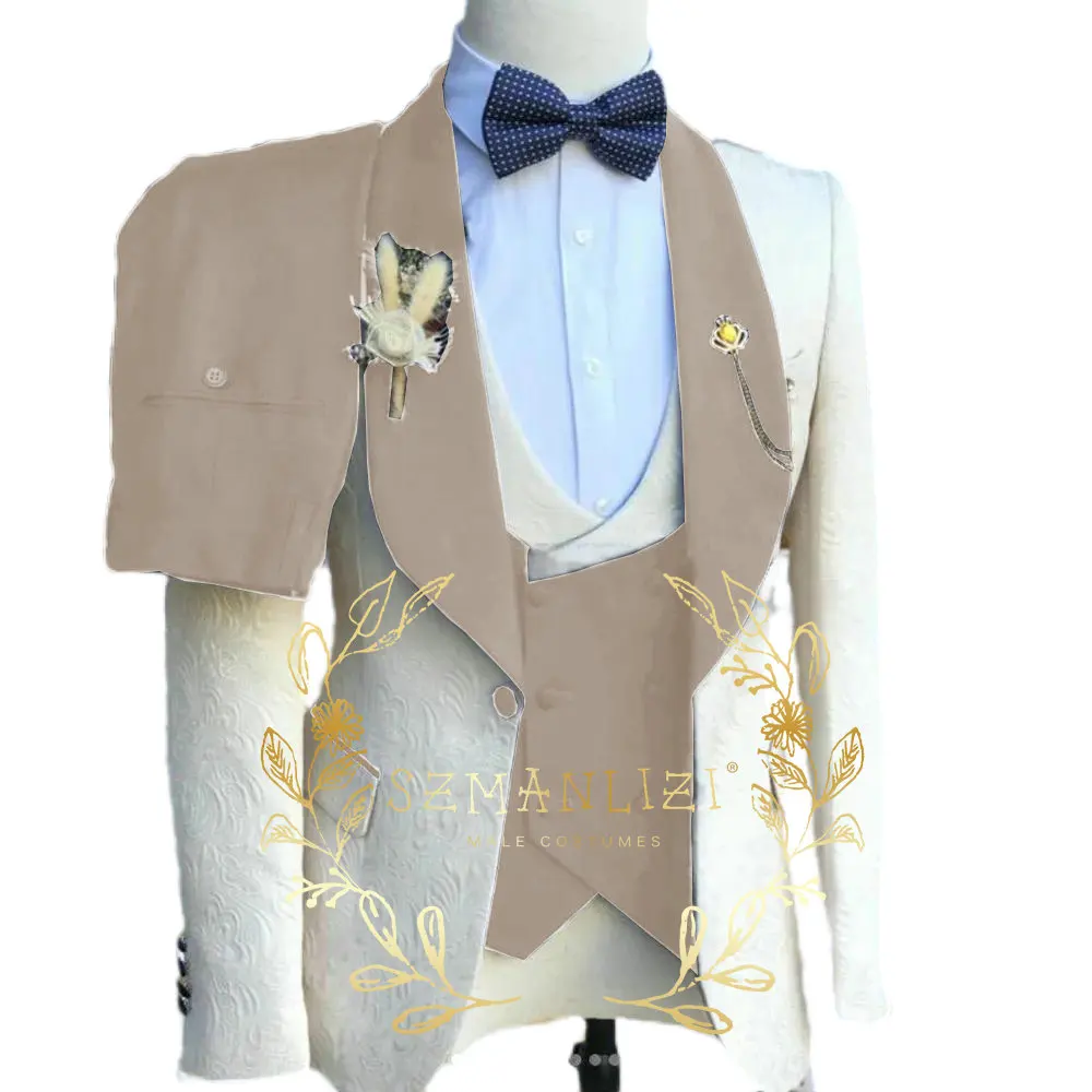 Elegant Ivory Jacquard Suits Men For Wedding Formal Jacket Vest Pants 3 Pieces Groomsman Tuxedos Tailored Male Fashion Clothing