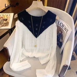 Fashion Hollow Out Sexy Off Shoulder Color Matching Blouse Women New Classic Long Sleeve Slim O-collar Knitting Lady Top