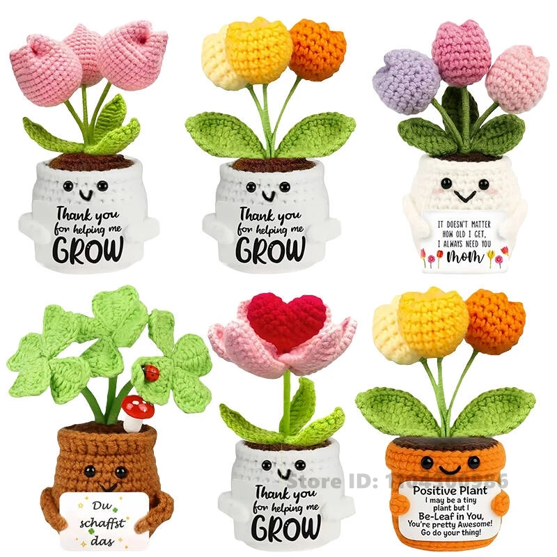 

Funny Handmade Crochet Flower Clover Pot Plant with Positive Energy Card Emotional Support Gift Desktop Ornament Home Decoration