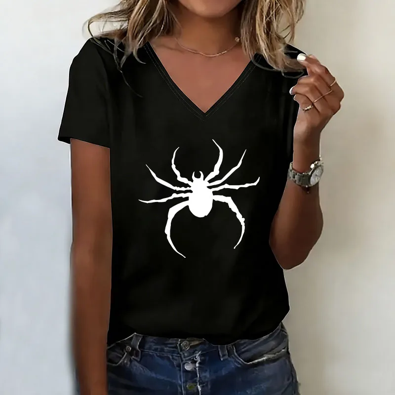 Fashion T-shirt V Neck Casual Fashion Y2k Spider Printed T Shirts Women Short Sleeve Tee Shirt V-Neck Summer Spring