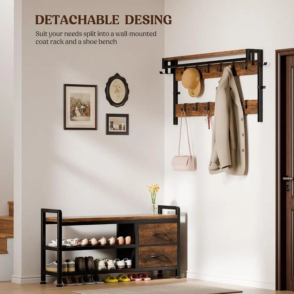Coat Rack, 39.4” Hall Tree with Shoe Storage Bench, Rustic Brown | 5 in 1 Entryway urniture Organizer, 21 Hooks, 2 abric Ders, H view 6