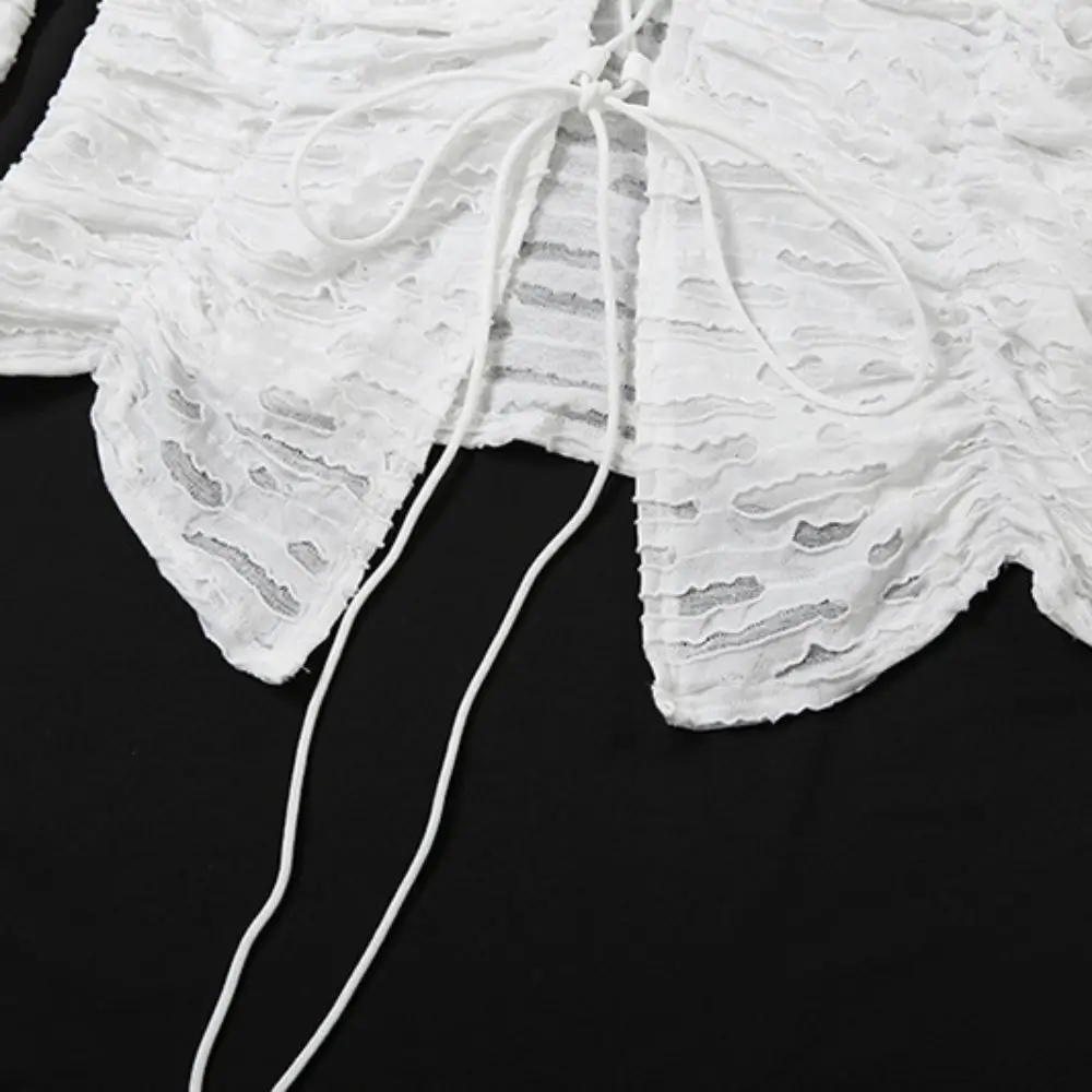 Camicia bianca con scollo a V regolabile Camicia da donna a maniche lunghe con coulisse scavata Camicetta strappata streetwear ampia Festival musicale