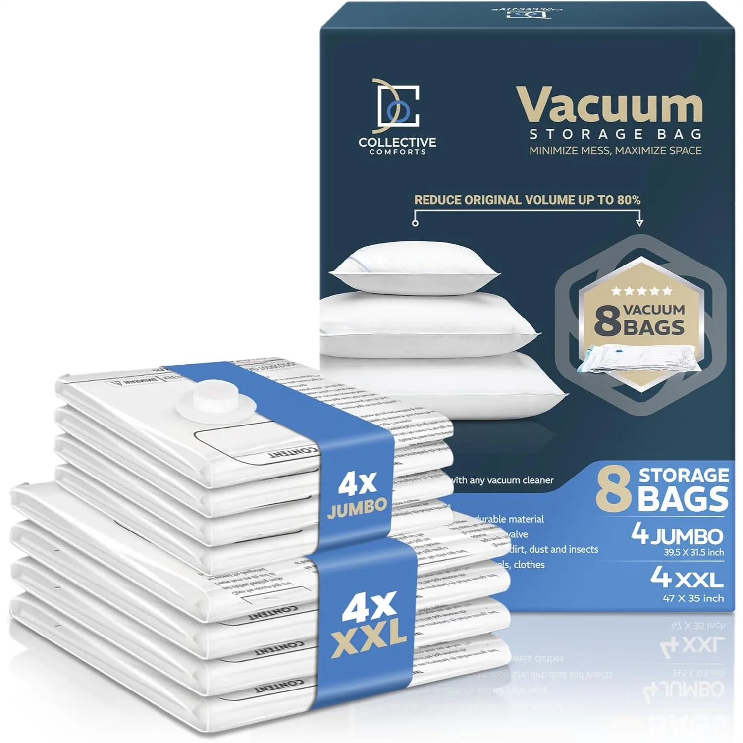 

Vacuum Storage Bags 8 Pack - XXL & Jumbo Space Saver for Blankets, Comforters, Clothing and Bedding