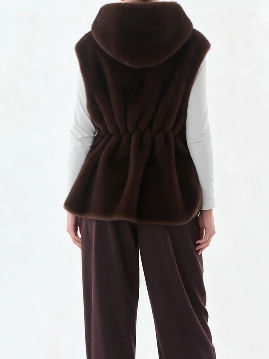 Women Faux Mink Fur Hooded Vest 2026, Zip Up Sleeveless Gilet with Drawstring Pocket Warm Winter Outerwea