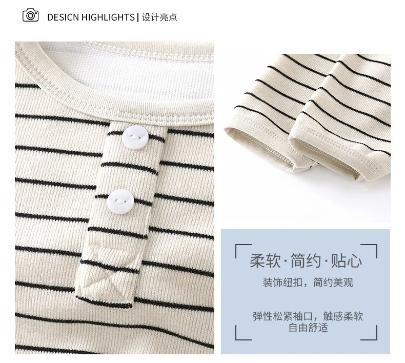 Rundhals-Streifen-T-Shirt mit Knöpfen und langen Ärmeln für Kinder, Herbst-Jungen-Basisshirt, Mädchen-Basisshirt, Baby-Winter-Oberteil, Kinder-T-Shirt – Detail 3