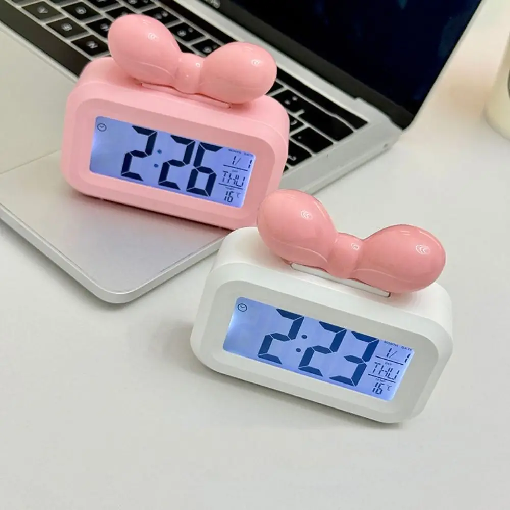 Bowknot LED Digital Clock with Night Light Mini Alarm Clock Multifunctional Temperature Detection Desktop Clock