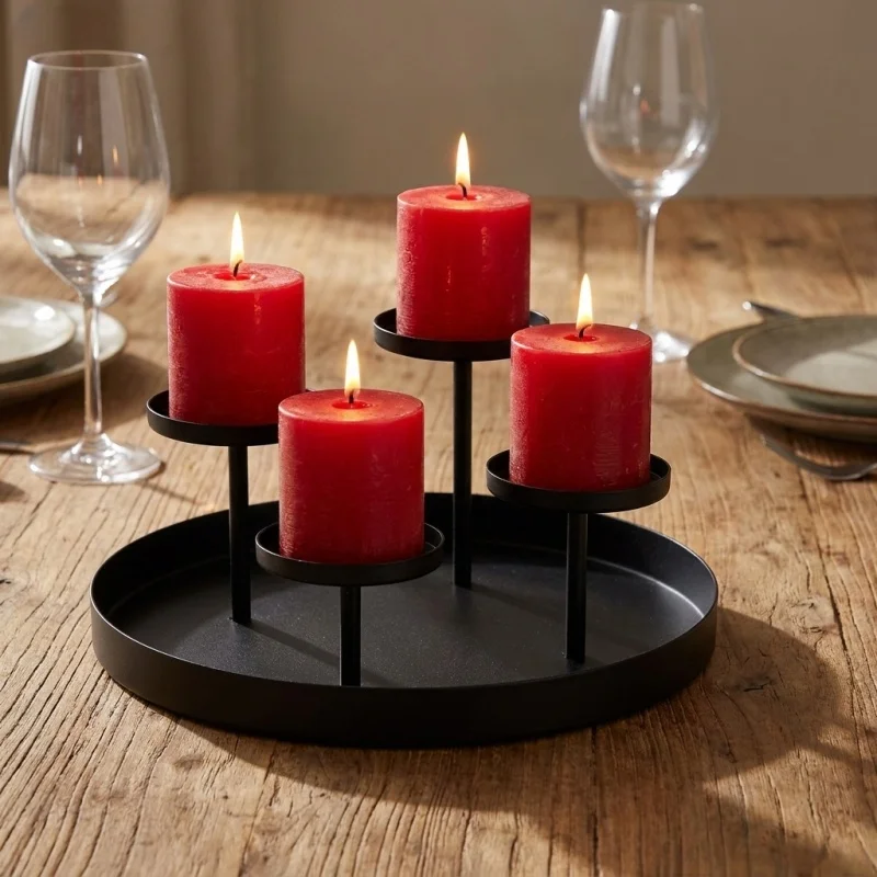 4-Head Matte Black Pillar Candle Holder with Drip Tray Modern Metal Candelabra for Party Table Centerpiece Decor