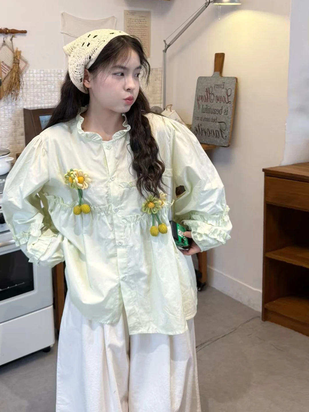 

Spring Summer Large Size Women's Daisy Sle 3D Flower Long Sve irt Wood ain Design Anti-Aging Top Casual irt