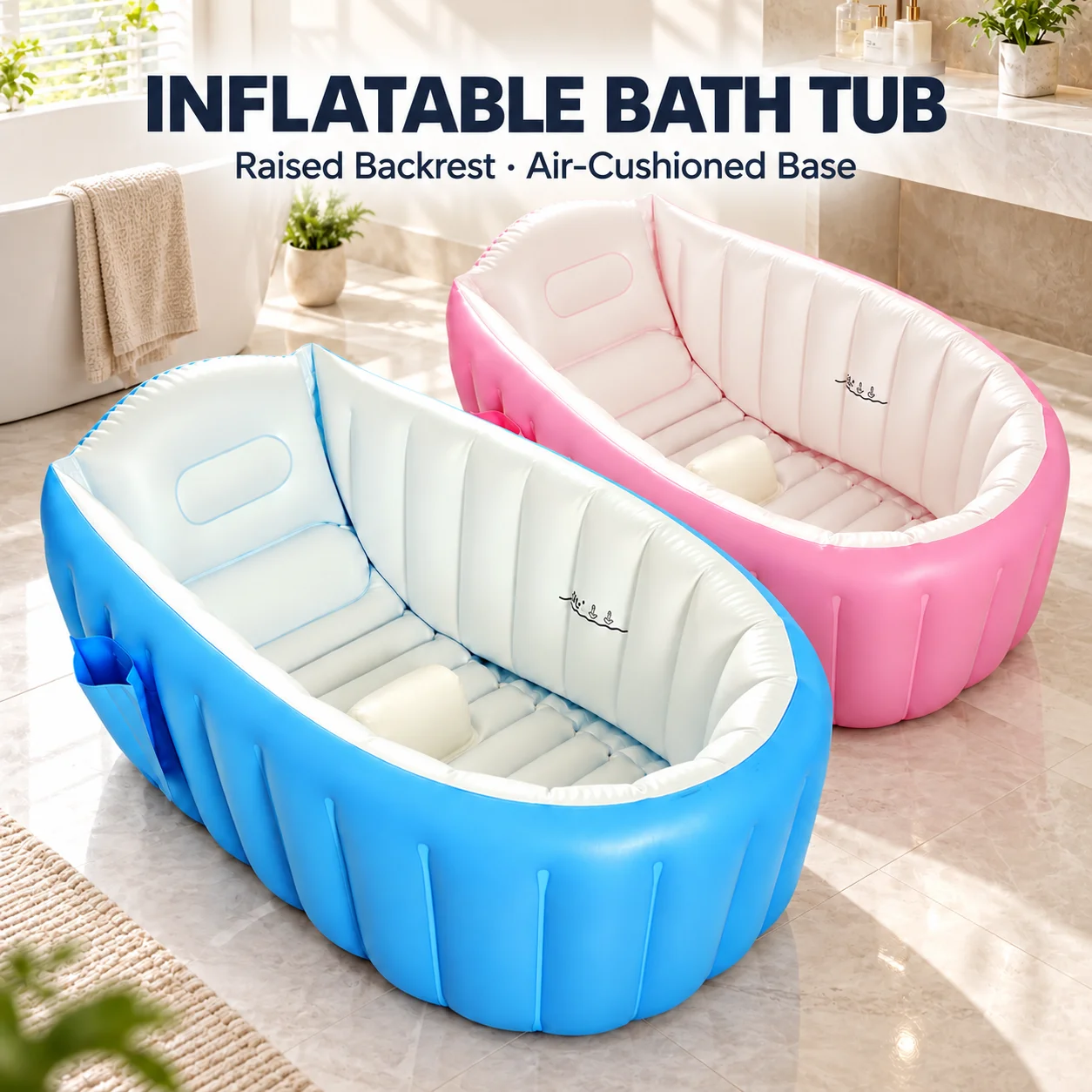 1PC Inflatable Baby Bathtub Portable Foldable Toddler Bath Tub with Raised Backrest Cushioned Base Side Pocket for Home Travel