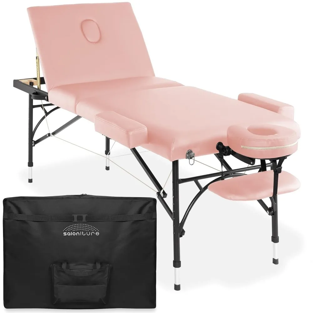 Saloniture Professional Portable Lightweight Tri-Fold Massage Table with Aluminum Legs - Includes Headrest, Face Cradle,