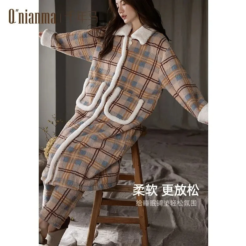 Coral Fleece Nightgown for Women 2024 Autumn and Winter New Style Loose Versatile Thickened and Flannel Home Clothes Pajama Set