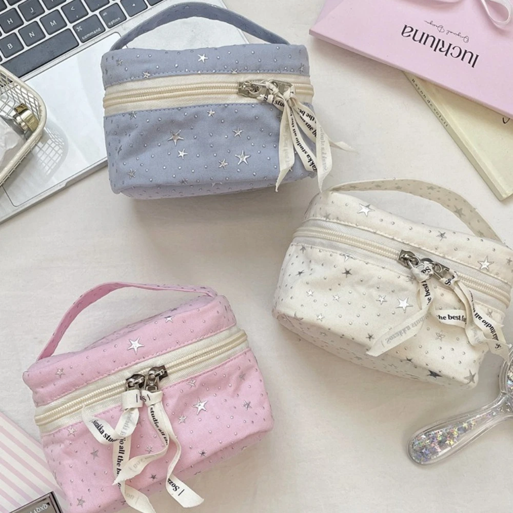 1pc  Pink Star Pattern Handheld Cosmetic Bag Portable Travel Toiletry Pouch Lady Skincare Lipstick Daily Storage Handbag